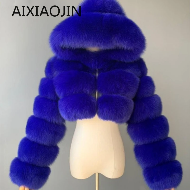 AIXIAOJIN high-quality furry short faux fur coats and jackets women's fluffy coats with hooded winter fur jackets manteau femme packable down jacket