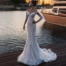 

Bohemian Lace Wedding Dress Long Sleeves Button Back Vintage Bridal Gown For Bride Floor Length Sheer Neck Custom Beach Vestidos