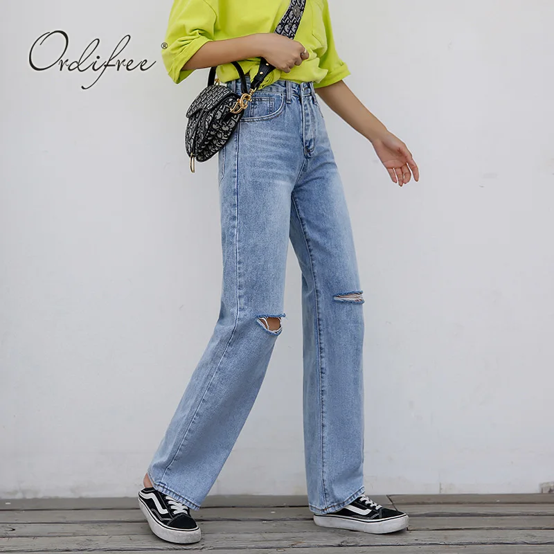 

Ordifree 2019 Summer Boyfriend Jeans for Women Wide Leg Denim Pants Streetwear Blue High Waist Ripped Jeans