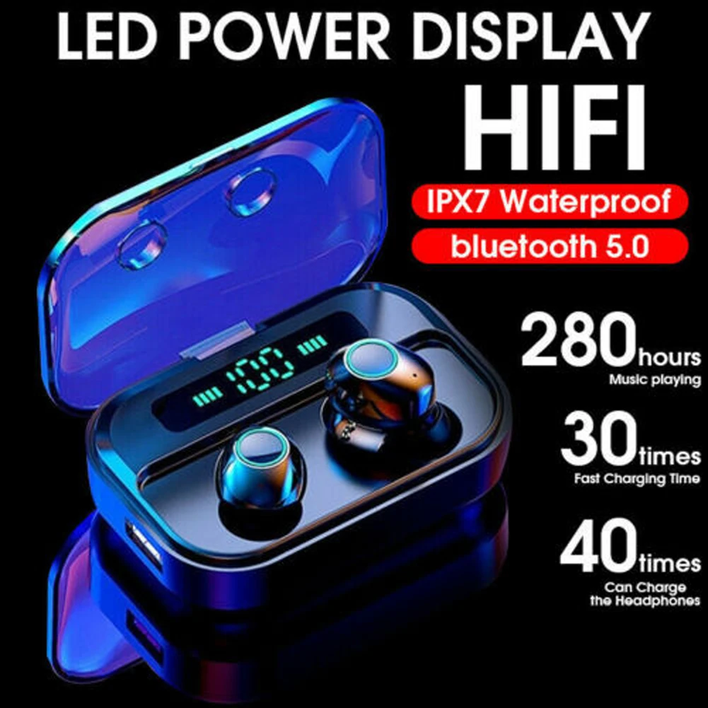 V5.0 Bluetooth стерео наушники беспроводные IPX7 водонепроницаемые сенсорные наушники гарнитура 3600 мАч светодиодный дисплей с аккумулятором чехол
