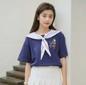 

Preppy Style printed Japanese Harajuku T Shirts 2020 Summer Sailor Collar Short Sleeve Lace Up Cotton T Shirt r811