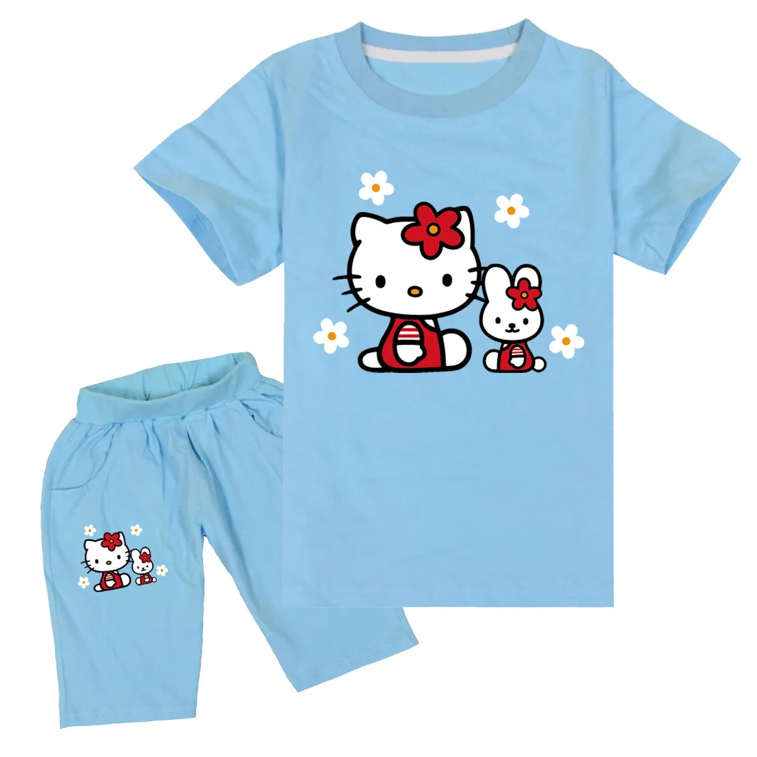 thumbnail image 1 of Traje de Hello Kitty para niños, Top con estampado de dibujos animados bonitos para niñas + Pantalones cortos, conjunto de dos piezas, camiseta de manga corta para niños + Pantalones deportivos para n, 1 of 4