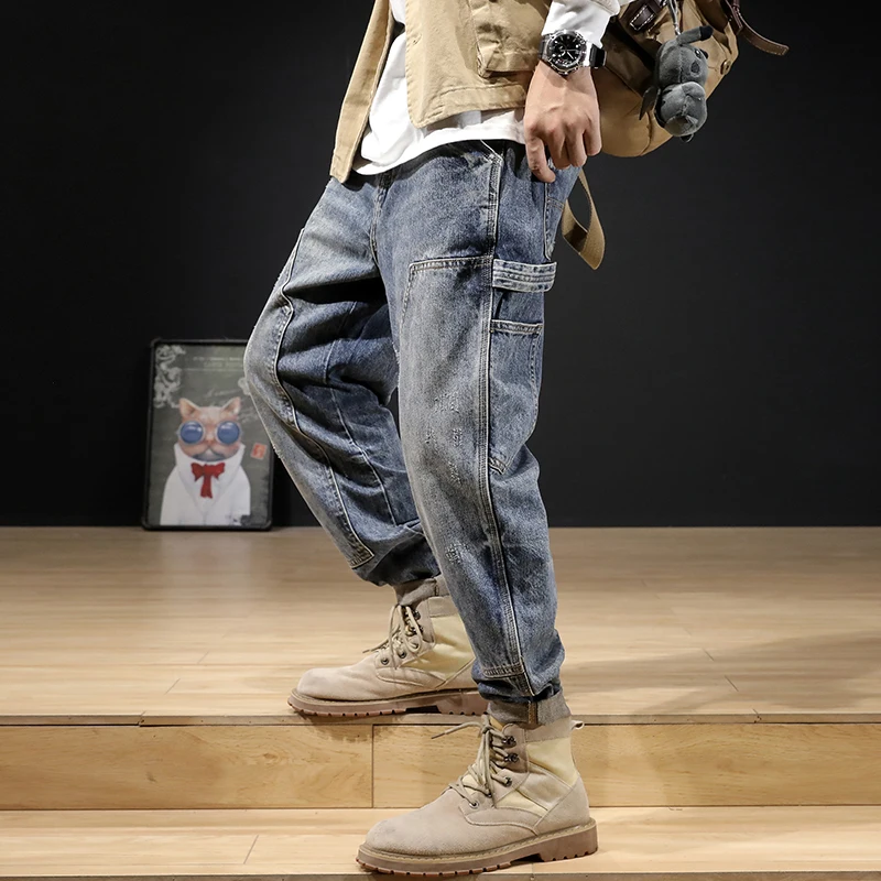 Streetwear Fashion Jeans Retro Blue Loose Fit Casual Denim Cargo Pants High Quality Hip Hop Wide Leg Harem Jeans For Men