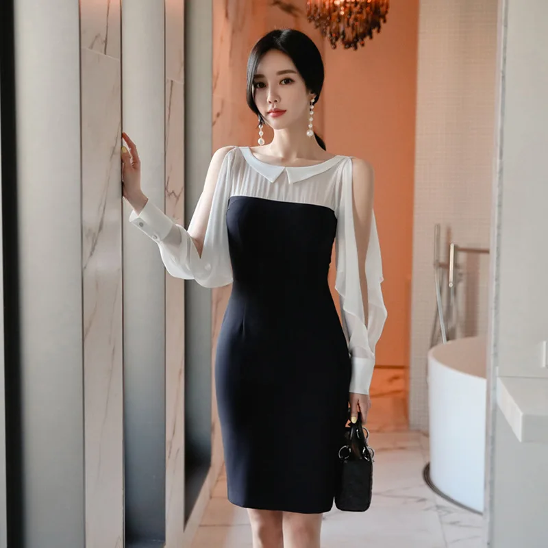 

Black And White Dress 2019 Summer Women's New Style Hollow out Long Sleeve Small Fold-down Collar off-Shoulder Back Banquet Form