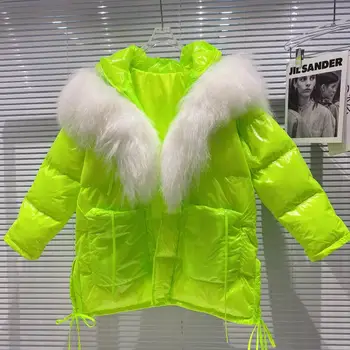 

2020 Winter Parkas New Large Lamb Fur Collar Hooded Green Warm Jacket Middle Long Cotton-Padded Coat Girls Loose Bread Coats