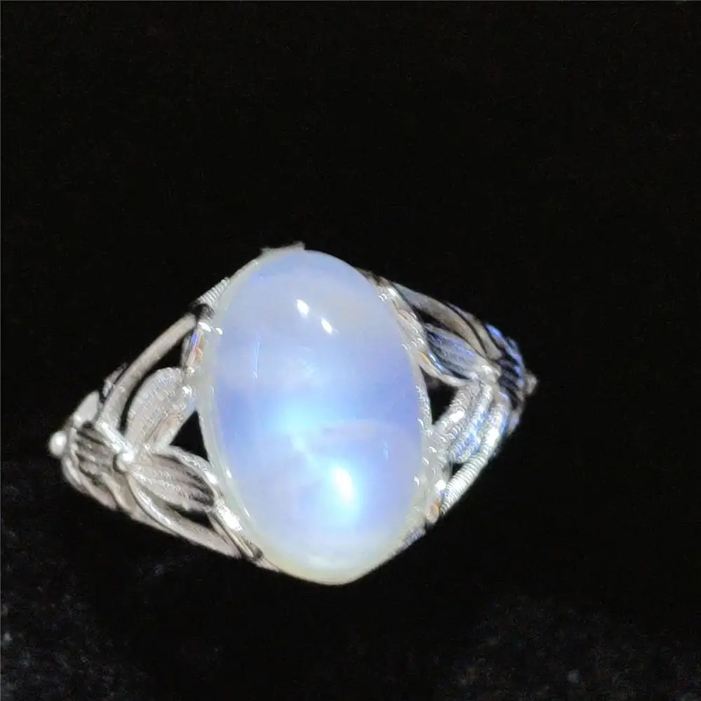 

100% Natural Moonstone Blue Light Crystal Adjustable Ring All Size Women Men 14x9mm 925 Silver Love Gift Fashion Ring AAAAA