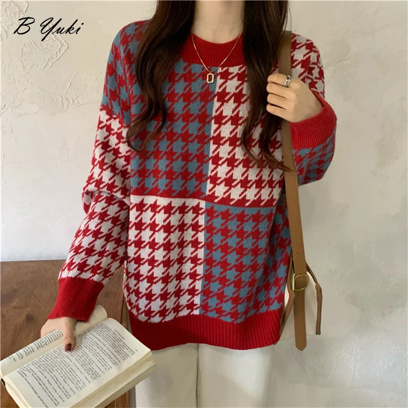 

Blessyuki Loose Retro Argyle Knitted Pullover Sweaters Women Winter Korean Splicing Contrast Sweater Female Casual O Neck Jumper