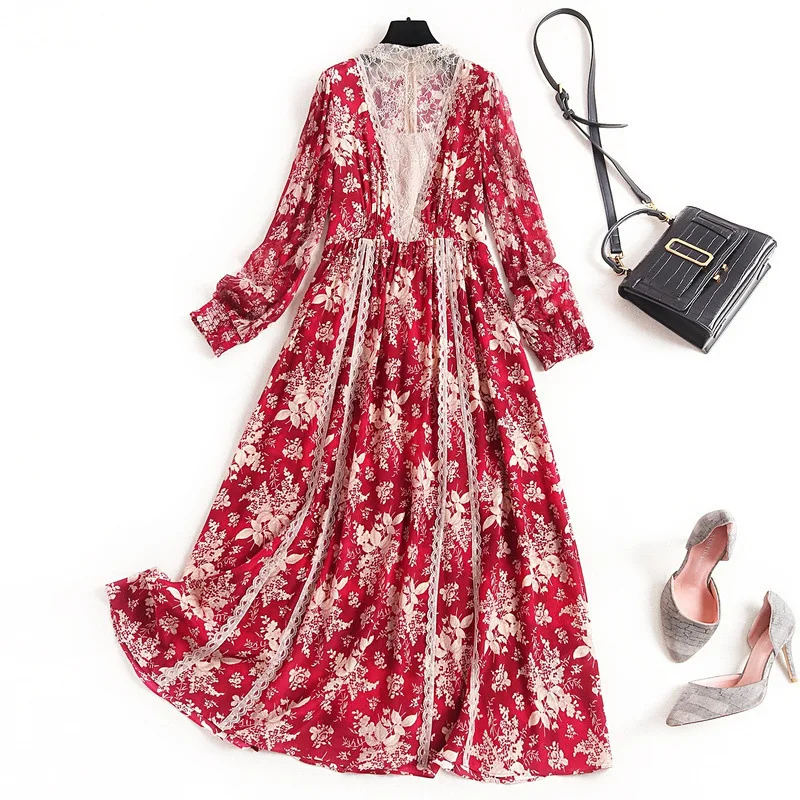

2020 Vintage Vestidos Longos Florais Patchwork Lace A-Line Floor-Length Print Women's Dress for Everyday Maxi Dress with Sleeves