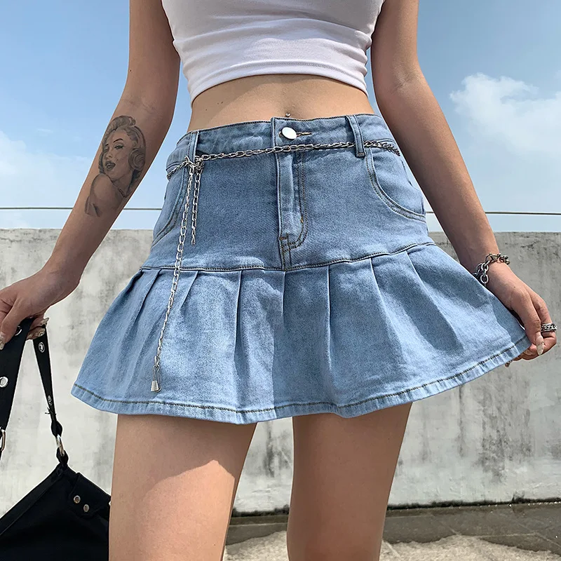 y2k Pink Denim Pleated Skirts Mini Solid Casual Woman Fashion Korean Style High Waist Skirt with Lined Hot Club Party Girls 2020 velvet lined high waist pencil jeans thicken warm skinny denim pants winter women stretch pantalones korean vintage vaqueros