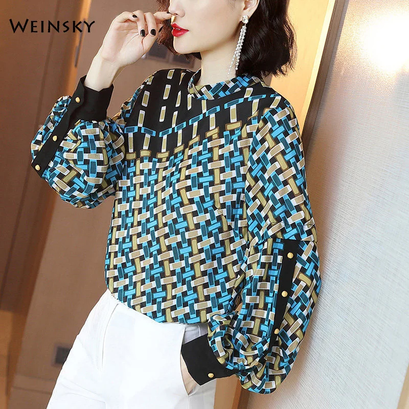 

2019 New Autumn Women Rayon Print Full Sleeve Long Blouse Female Casual Tops