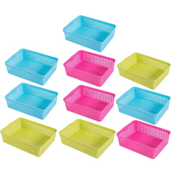 

10pcs Storage Baskets Plastic Rectangle Sundries Baskets Snacks Container Desktop Bathroom Organizer - Size S (Random Color)