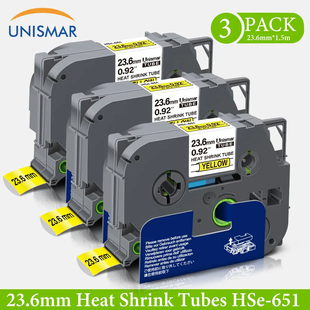 Unismar 3PK Label Maker for Brother Hse HSe-651 HSe651 HS651 HS-651 Black on Yellow Heat Shrink Tubes Tape 23.6mm x 1.5m | Компьютеры и
