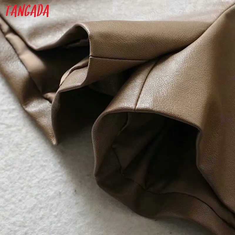 Tangada женские коричневые шорты из искусственной кожи с поясом на молнии женские повседневные шорты с высокой талией 1Y07