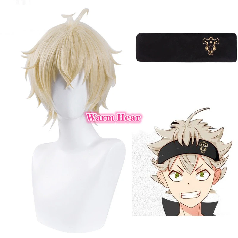 黒のアニメのクローバーが付いたコスプレウィッグ アスタのキャラクターが付いた短い ライトブロンドのヘアバンド 黒の雄牛のエンブレム 耐熱性のかつらキャップ アニメ コスチューム Aliexpress