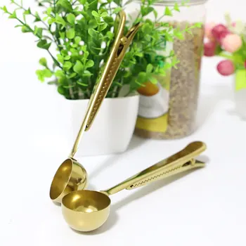 

Gold Stainless Steel 2 in 1 Coffee Measuring Spoon Bag Sealing Clip Ground Coffee Scoop WB2078