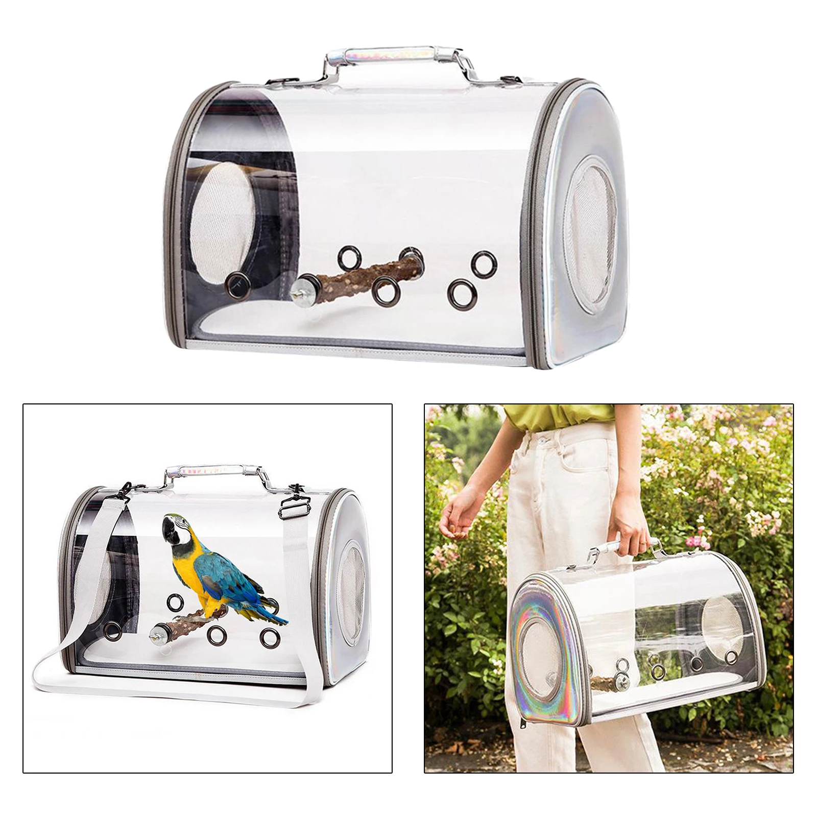 Bird Clear Travel Cage Breathable Parrots Cat Transparent Carrying Case Handbag Zipper Handbag with Insert Rod for Small Animals