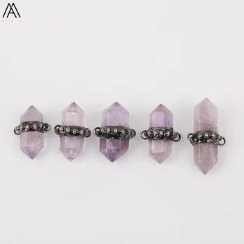 

Double Point Hexagonal Natural Amethysts Quartz Pendant Necklace Connectors Gun Black Crystal Point Jewelry Findings YT-187AMAJ