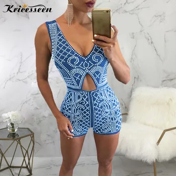 

Kricesseen Sexy Blue Hot Drilling Backless Short Jumpsuit Women Summer Sleeveless Cut Out Playsuit Bodycon Rompers Overalls