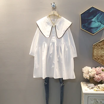 

[EWQ] 2020 Spring Summer New Pattern Peter Pan Collar Long Sleeve Solid Patchwork Pullovers Casual Dress Fashion Tide AK44600