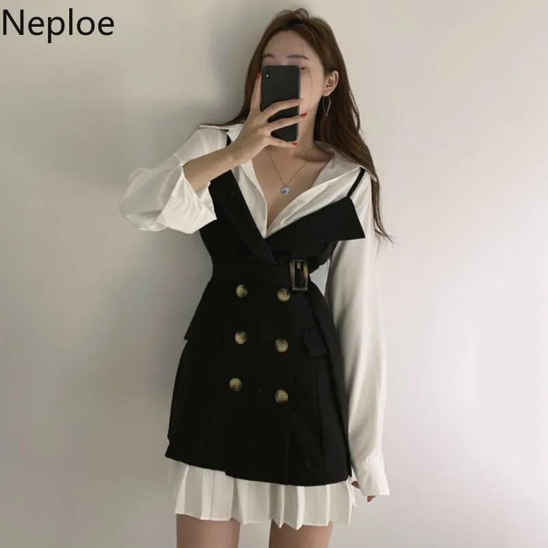 Neploe/шикарная белая блузка с отложным воротником+ Приталенное кружевное платье на бретельках с двойной грудью; темперамент; комплект из 2 предметов; сезон весна-осень
