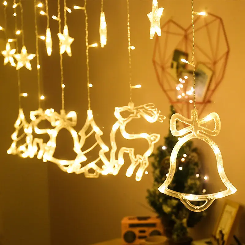 

Romantic LED 12 Star Bell Deer Tree String Light 3M Window Curtain LED Garland Christmas Holiday Party Home Decoration Lights