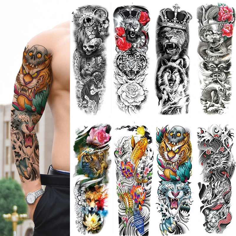 Large Arm Sleeve Tattoo Tiger Skull Lion Body Art Crown King Rose Bear Snake Waterproof Temporary Tattoo Sticker For Men Women Temporary Tattoos Aliexpress