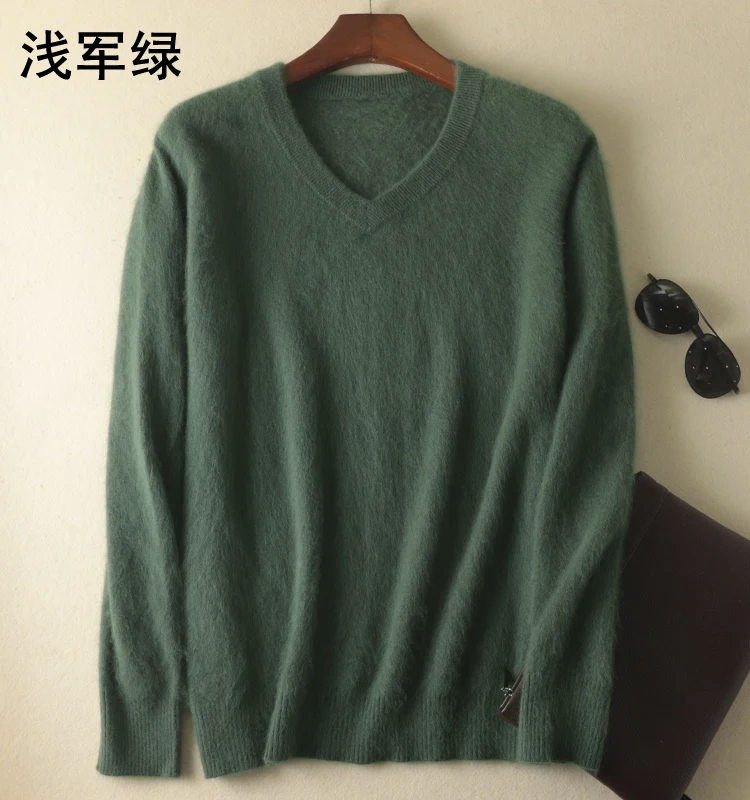 Classic Men\'s 100% Mink Cashmere Sweaters 2020 Solid Color V-Neck Casual Knitted Pullovers Winter Men Long Sleeve Warm Jumper