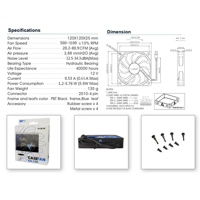 Alseye-pwm Refrigerador do Ventilador do Computador Radiador do pc Case do pc Ventiladores de Refrigeração Silenciosos Refrigerador do pc 12v 5002000rpm 4pin 120 Milímetros - Imagem 3