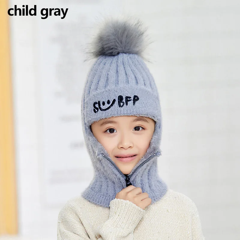 Балаклава, зимние меховые шапки с помпоном для женщин, детские шерстяные Вязанные Трикотажные Шапочки для девочек, подходящие шапки, двойная плюшевая ветрозащитная уличная шапка - Цвет: child gray