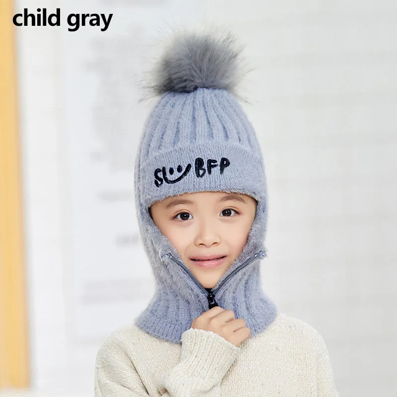 child gray Балаклава, зимние меховые шапки с помпоном для женщин, детские шерстяные Вязанные Трикотажные Шапочки для девочек, подходящие шапки, двойная плюшевая ветрозащитная уличная шапка - Цвет: child gray