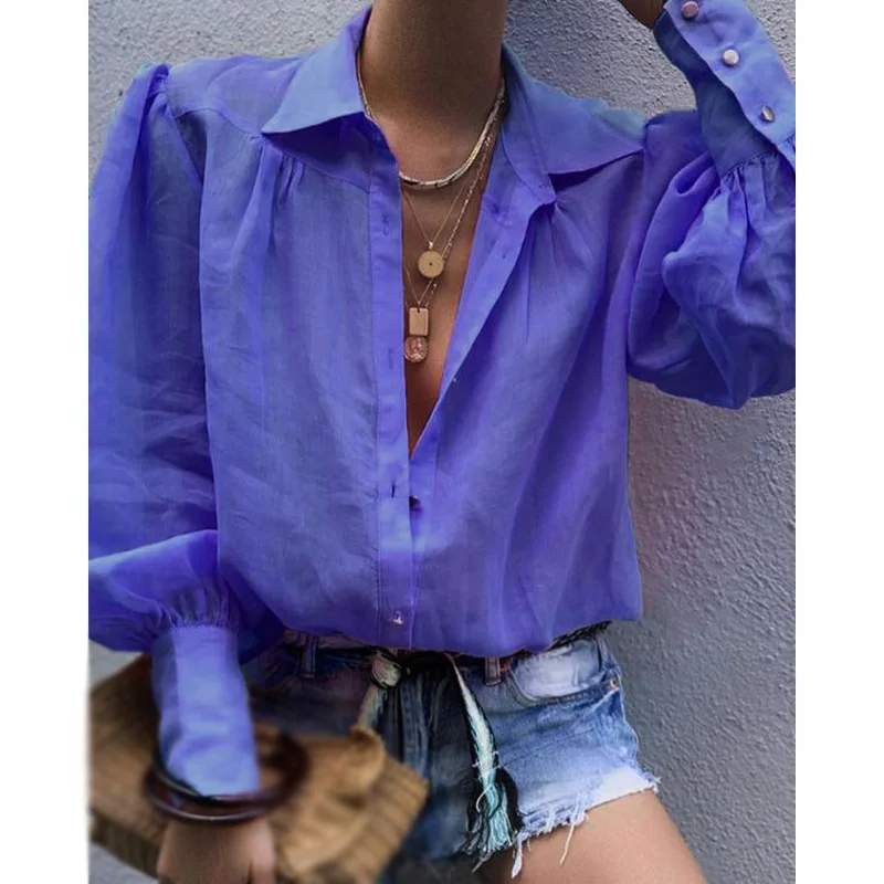 

Ladies Sexy Tops Fashion Lapel Long Sleeve Single-Breasted Solid Slim Fit Casual Women Blouse