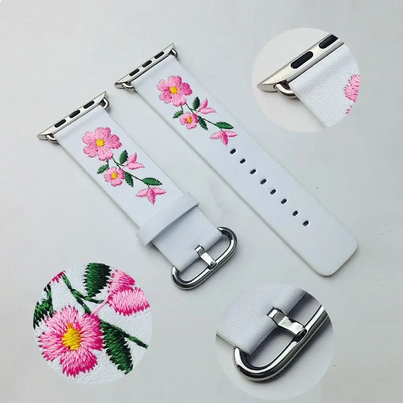 

ONEVAN New Leather Loop for Apple Watch Band 38mm 42mm Embroidery Floral Pattern Replacement Bracelet Strap for iWatch 3/2/1