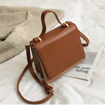 

New solid color PU Flap female bag Korean simple small square bag student style Crossbody bag