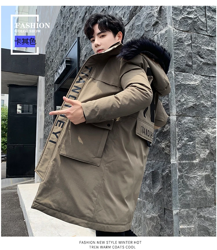 Мужское хлопковое пальто, зима, корейский стиль, свободный крой, большой меховой воротник, с капюшоном, средней длины, хлопковое пальто, толстое, теплое, с хлопковой подкладкой J