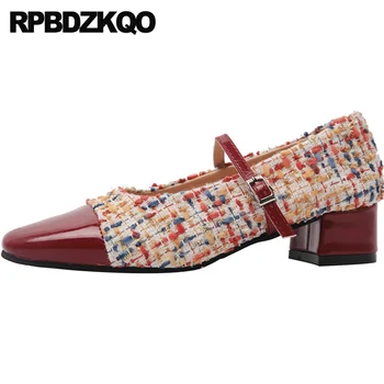 

fashion red cheap block medium heels thick chunky designer casual shoes women mary jane pumps female square toe footwear 2019