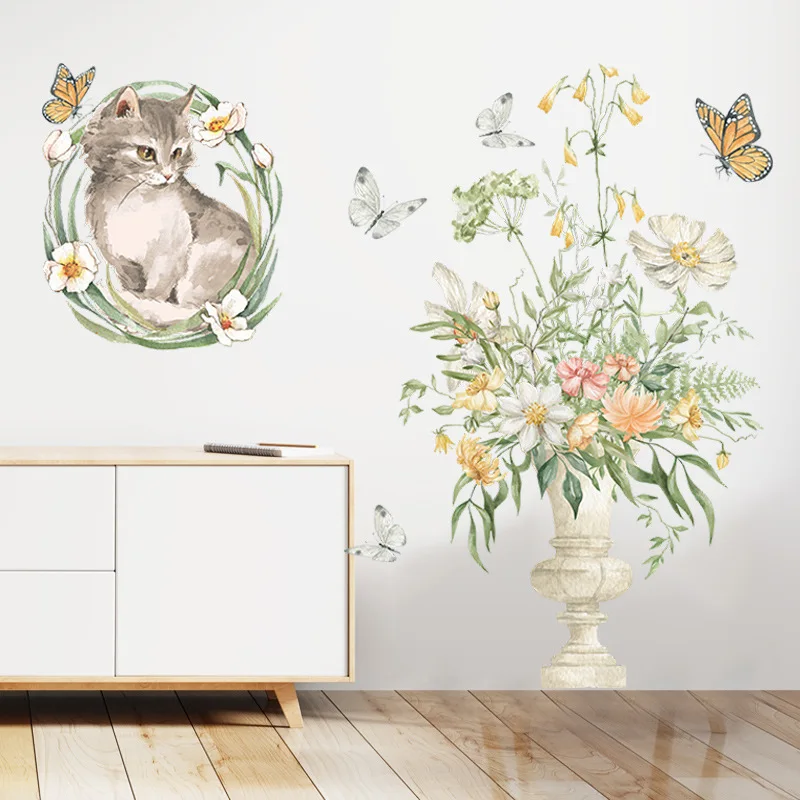 Green Leaves Potted Flower Cat Wall Stickers For Bedroom Living Room