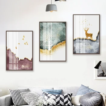 

Abstract Water Color Tree and Deer Poster Canvas Print Forest Wall Art Picture Modern Minimalist for Living Room Decorative 4-12