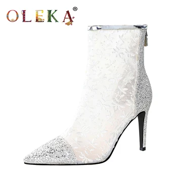 

OLEKA Mid-calf Spring/autumn Sexy Boots Super High Bling Pointed Toe Women Ankle Boots Sexy Style Basic New AS403