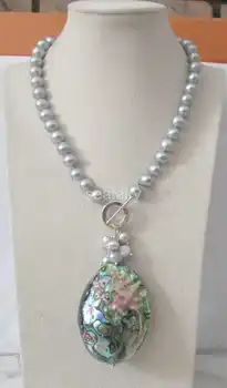 

18"10-11mm natural gray Freshwater Pearl necklace+Abalone shell pendant