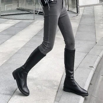 

New Women Genuine Leather Knee High Boots Chunky Heels Dancing Night Club Shoes Woman Punk Riding Boots