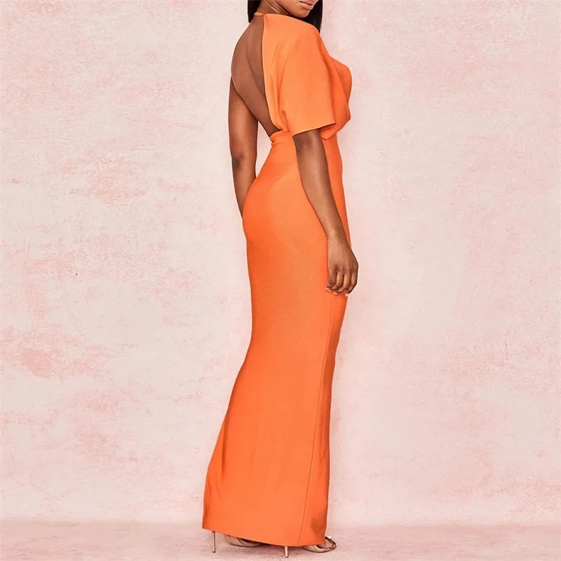 Orange Black Long Dress Women Sexy Backless One Shoulder Vestidos Fashion Celebrity Evening Party Bodycon Maxi Knitted Dresses