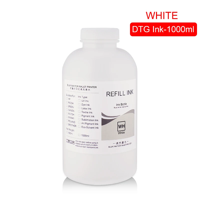 White 1000 мл чернила dtg для рисования на ткани одежды чернила для DX5 DX6 DX7 DX10 печатающая головка для Epson 1390 R1900 R2000 F2000 F2100(7 видов цветов на выбор - Цвет: White