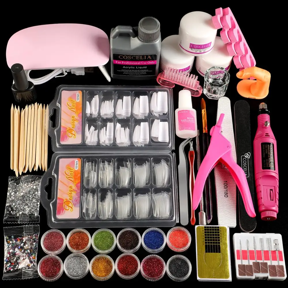 Kit de manicura profesional de acrílico, lámpara de uñas, taladro, polvo acrílico líquido, puntas de uñas brillantes, Kit de herramientas de decoración de uñas