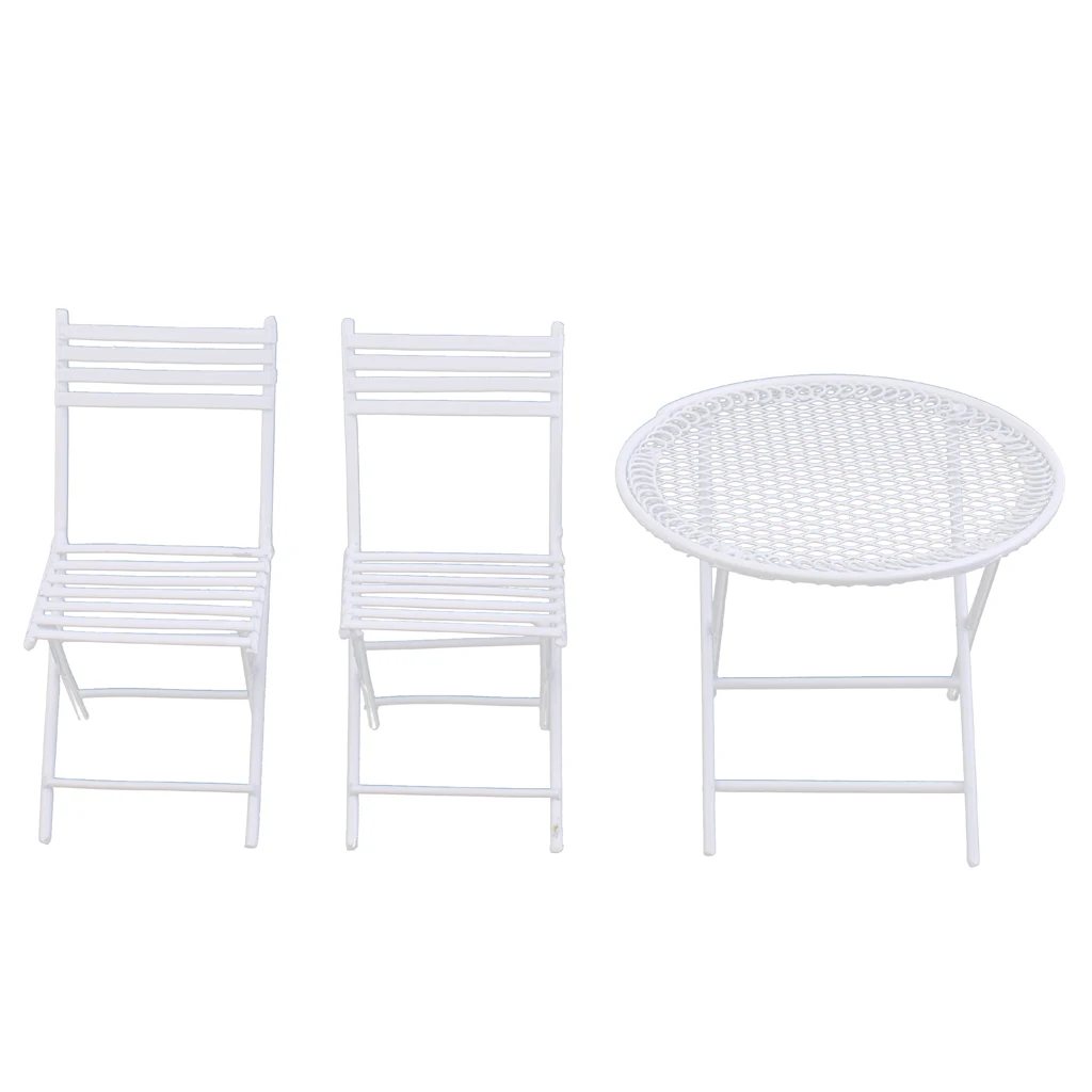 European Style Miniature Metal White Table Chair for 1/12 Dolls House Room Garden Furniture