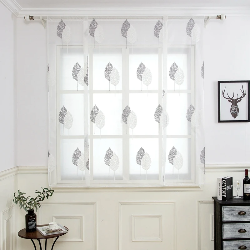 

Gray Two-Tone Eucalyptus Floral Design Kitchen Curtains Sheer Short Curtains Roman Blinds Door Modern Tulle Fabrics Valance