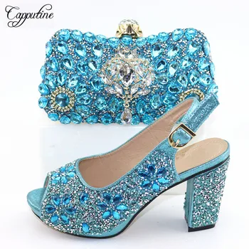 

New fashion sky blue party pump shoes and evening handbag set with luxury stones CR940, heel height 9.3cm
