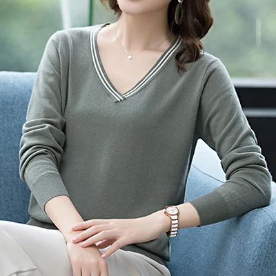 Shintimes эластичные осень Для женщин свитер с длинным рукавом и v-образным вырезом вязаное изделие; изысканная обувь в Корейском стиле; свитер Для женщин s пуловеры Pull Femme Hiver - Цвет: Gray green