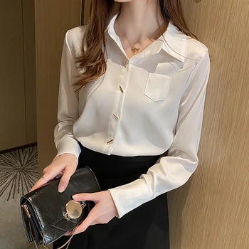 

women tops Shirt chiffon shirt Summer clothes fashion Turn-down Collar Broadcloth Solid Long sleeve Button Regular decoration