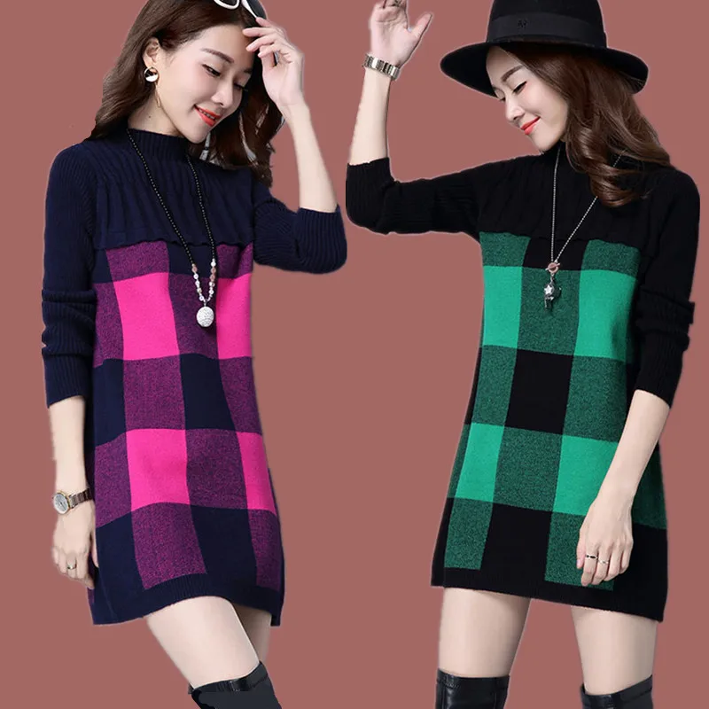 Осенне-зимнее платье-свитер модный приталенный пуловер большого размера вязаное