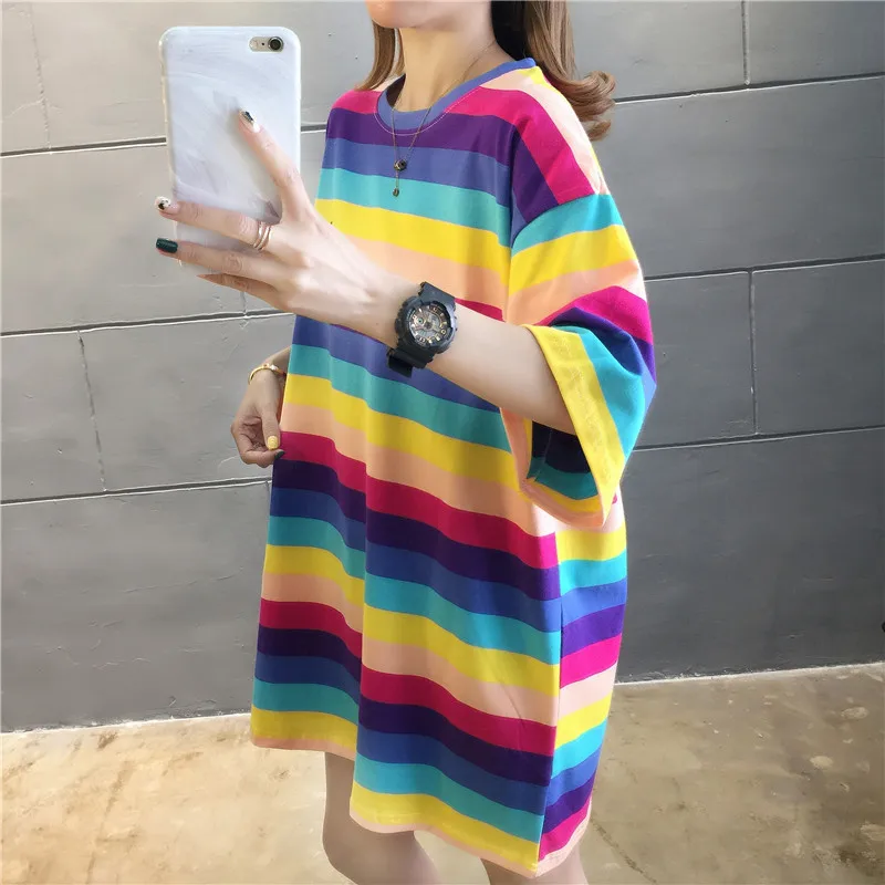 Summer Boyfriendy Loos Rainbow Striped T-shirts Women Plus Size Streetwear Harajuku Oversized T Shirt Casual Femme Tops Tees